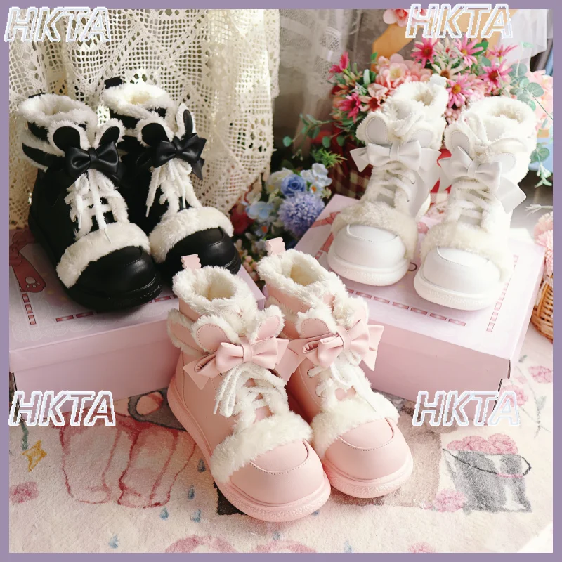 

Короткие зимние ботинки Sweet Lolita, женская обувь, осень-зима 2022, новые кавайные плюшевые теплые милые плюшевые сапоги с бантом, универсальные женские ботинки