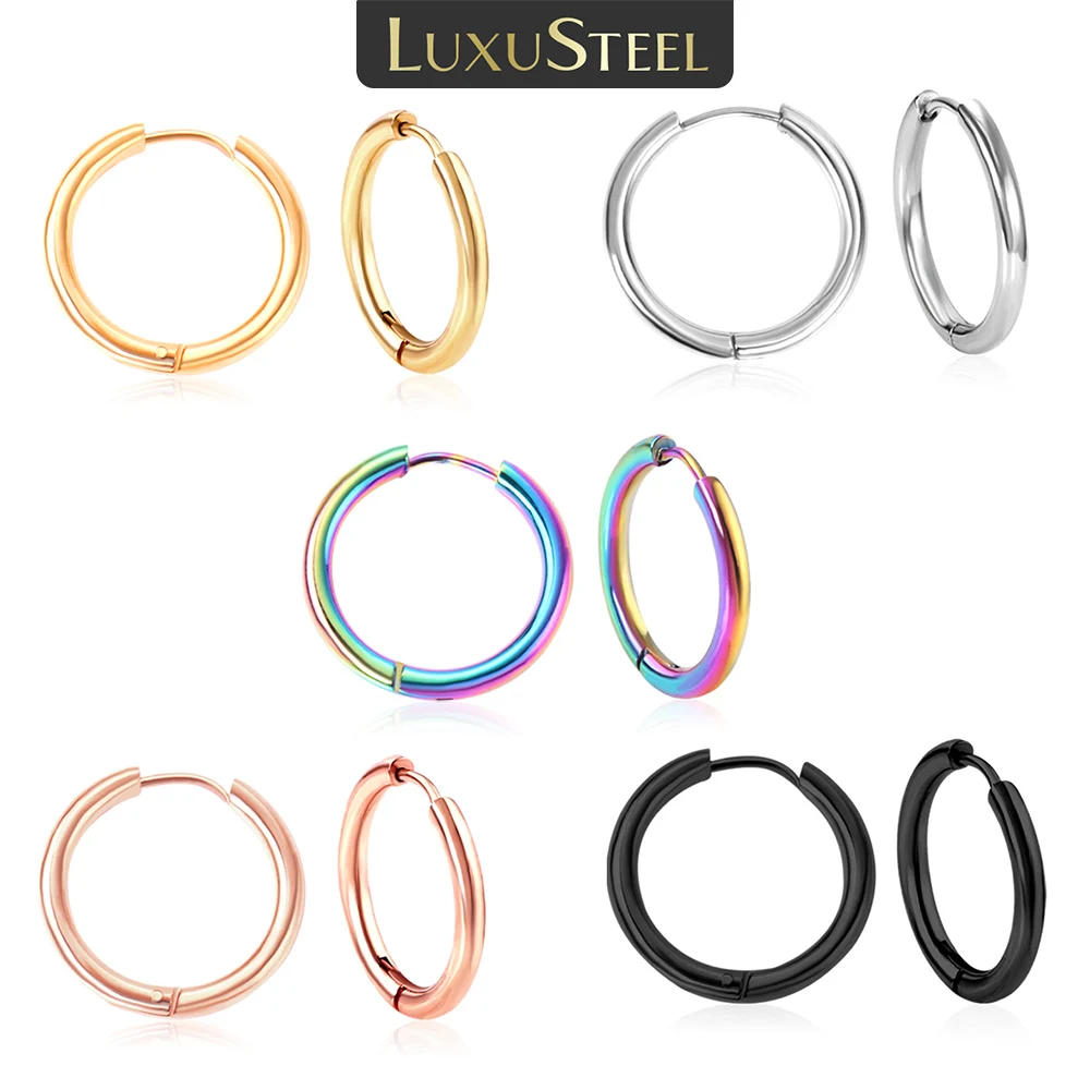 LUXUSTEEL 1Pairs/2Pcs Small Hoop Earrings Women Men Silver Color Stainless Steel Round Circle Pendientes Mujer aretes Punk