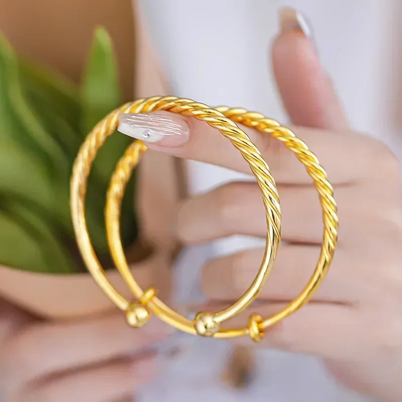 9999 Real Gold 24K Niche Simple High-end Solid Smooth Twist Push-pull Bracelet, Gold Twist Twist Opening Bracelet