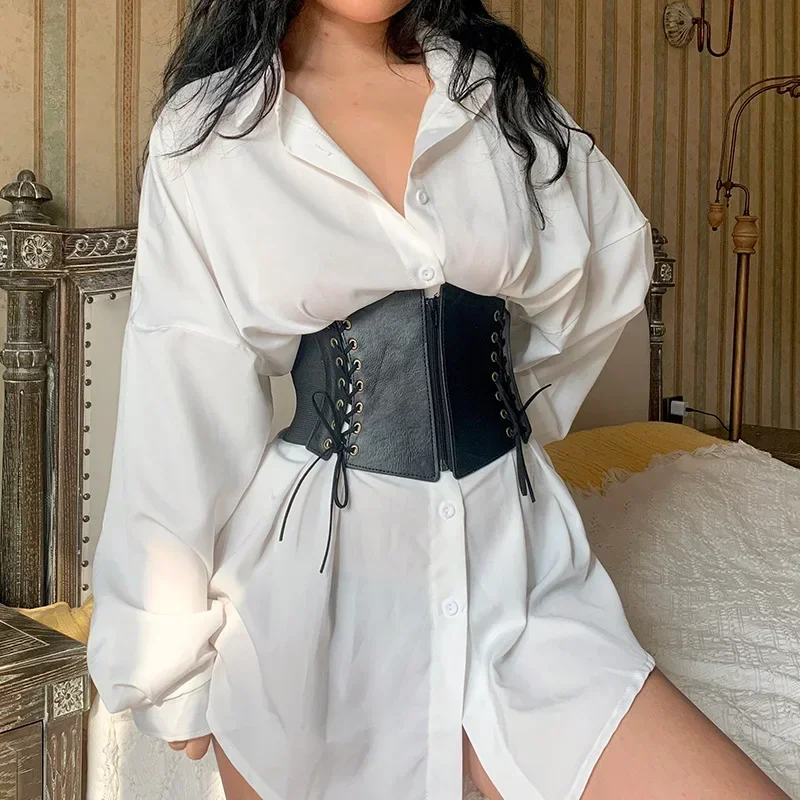 

Fashion Punk Corset Wide Belts Women Slimming Body Elastic Bustier Waistband PU Leather Hip Hop Gothic Dress Girdle Body Shaper