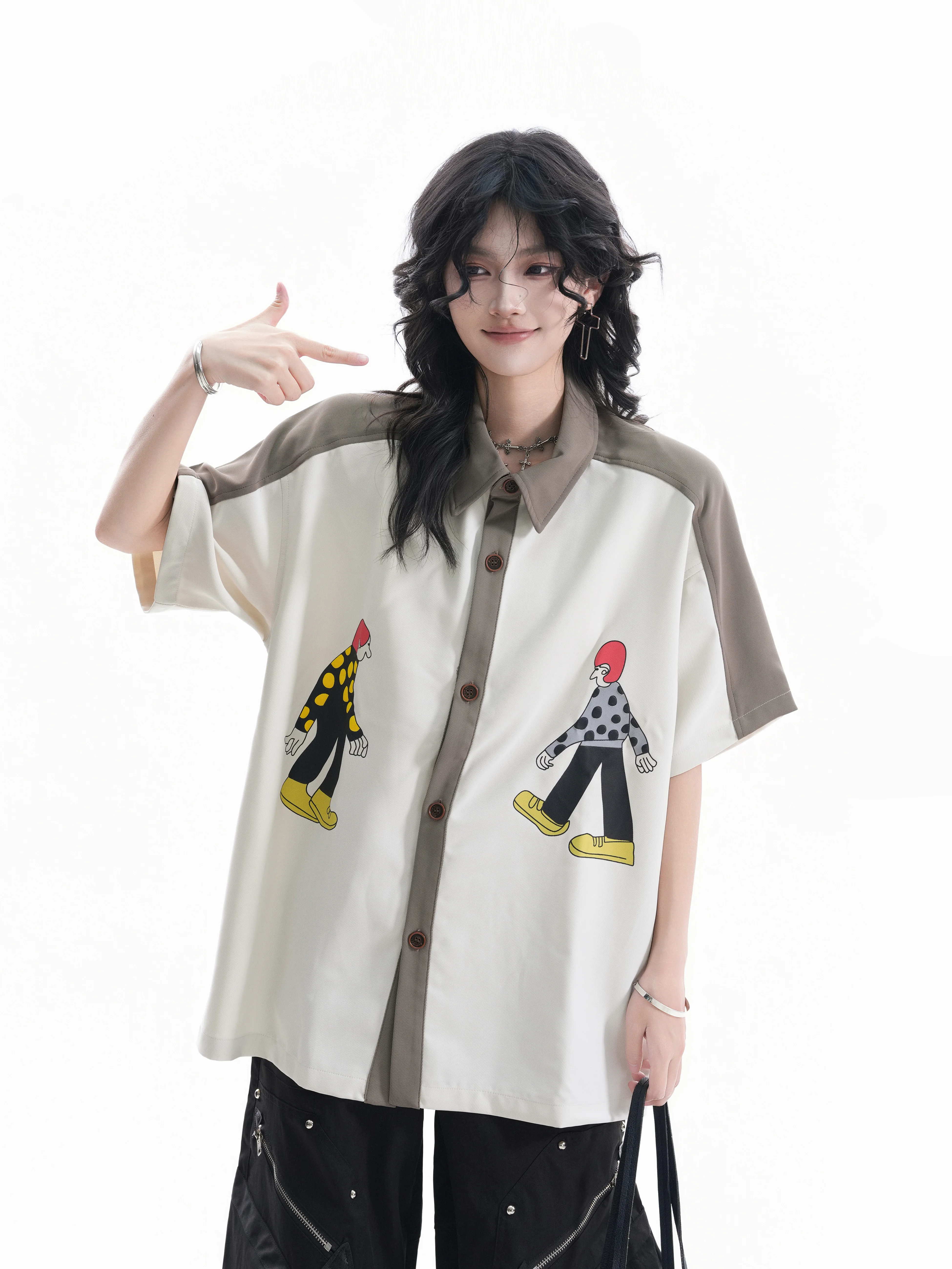

Casual Loose Short Sleeve Shirt Women's High Street Fun Character Print Loose Slimming Lazy Couple T-shirt Polyester Fiber