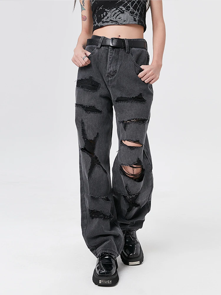 

American Style Streetwear Straight Pants Ladies Ripped Jeans High Waist Loose Wide Leg Pants Ladies Jeans Y2K Summer Street Pant