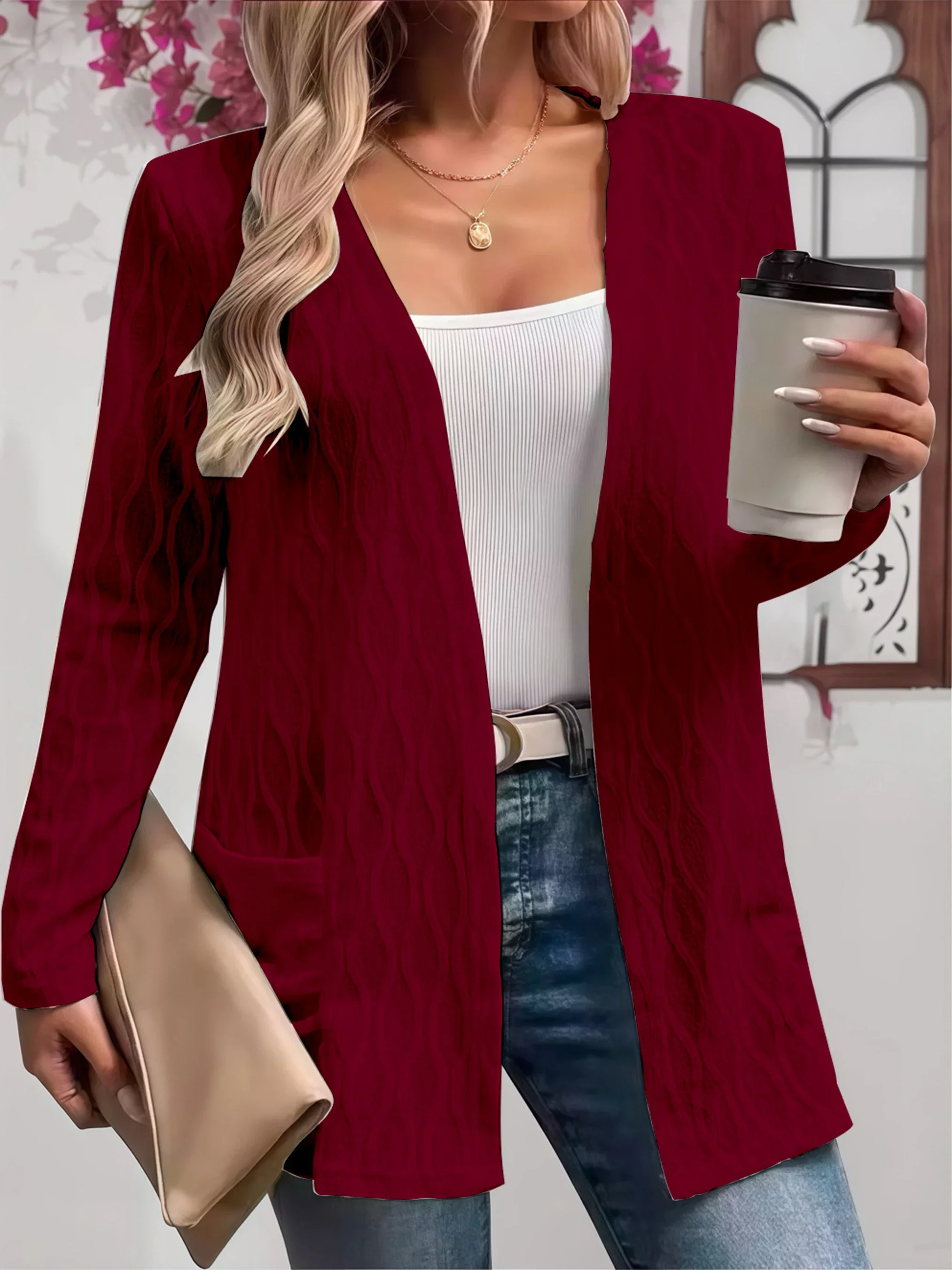 Comfy Fall Cardigan for Women, Casual Elegant Solid Textured Fabric Pocket Front Open Women's Loose Cover Up