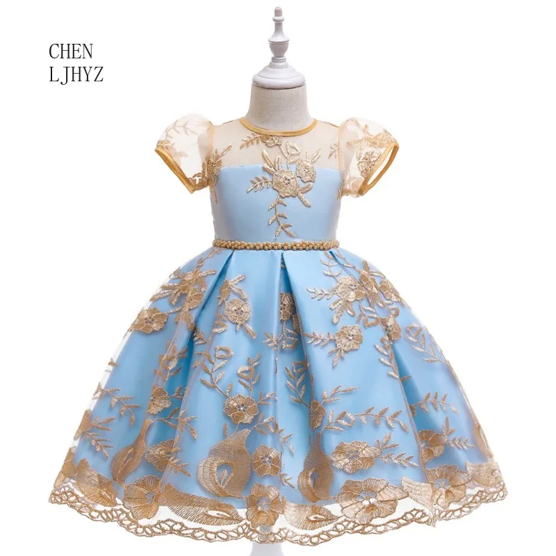 Children's sequined princess dress, gold thread embroidered bow mesh dress, girls' birthday party performance costume