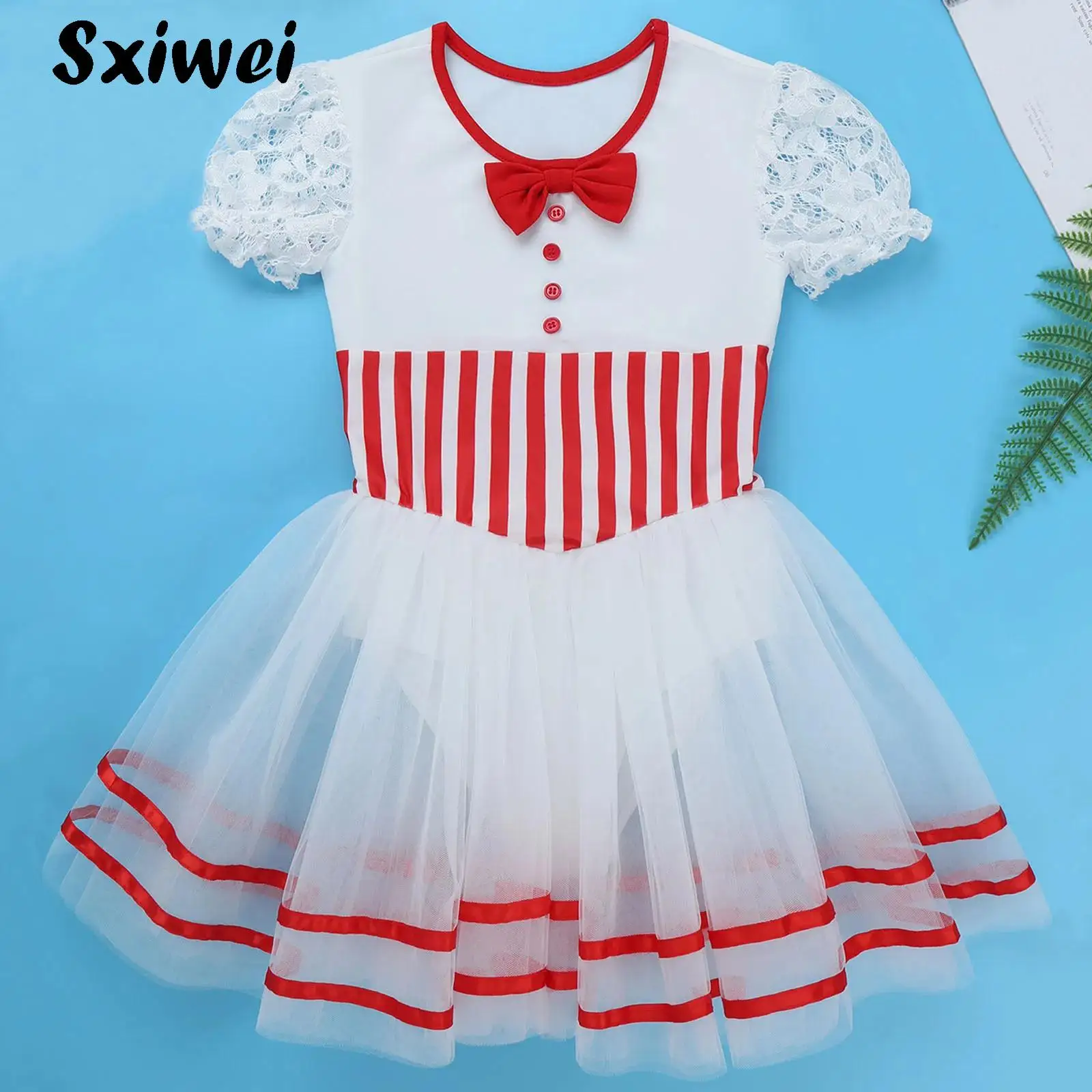 

Kids Girls Candy Cane Christmas Dance Leotard Dress with Mesh Skirts Ballet Tutu Puff Sleeve Bowknot Holiday Performance Costume
