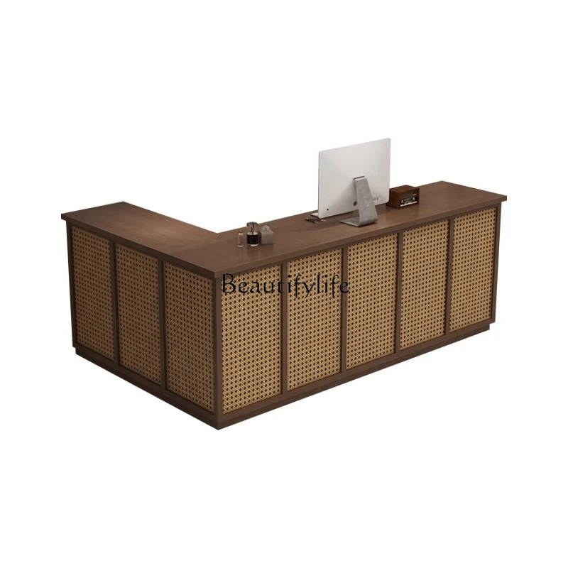 

Small Simple Rattan Woven Corner 7-Shape L-Shaped Cashier Counter