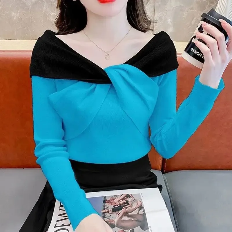 여성 의류 가을 겨울 한국 패션 대비 색상 섹시한 니트 스웨터 달콤한 시크 리본 디자인 긴 소매 슬림핏 탑