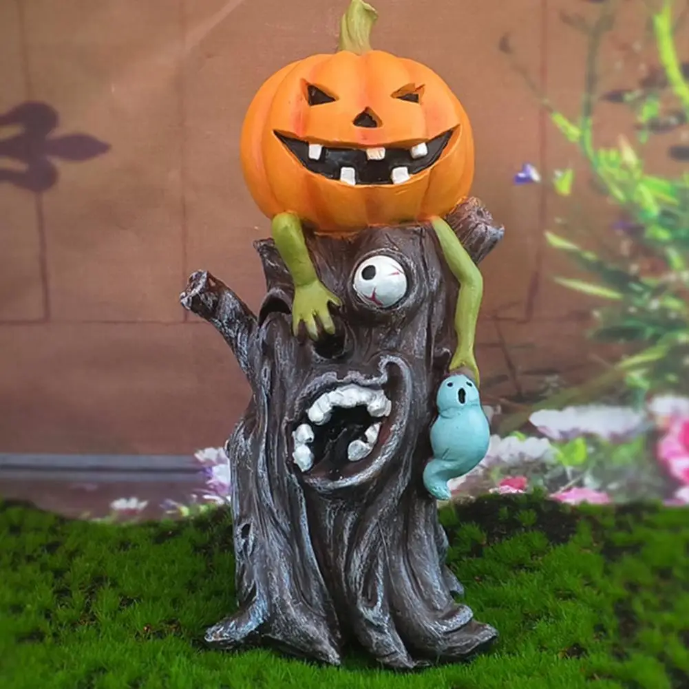 Halloween Pumpkin Ornament Outdoor Pumpkin Decor Spooky Halloween Pumpkin Stump Ghost Statue Resin Figurine for Desktop