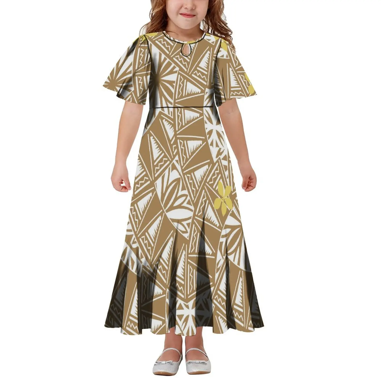 High Quality Custom Girls Dress Polynesian Hawaiian Print Kids Girls Short Sleeve Crew-Neck Comfortable Dress