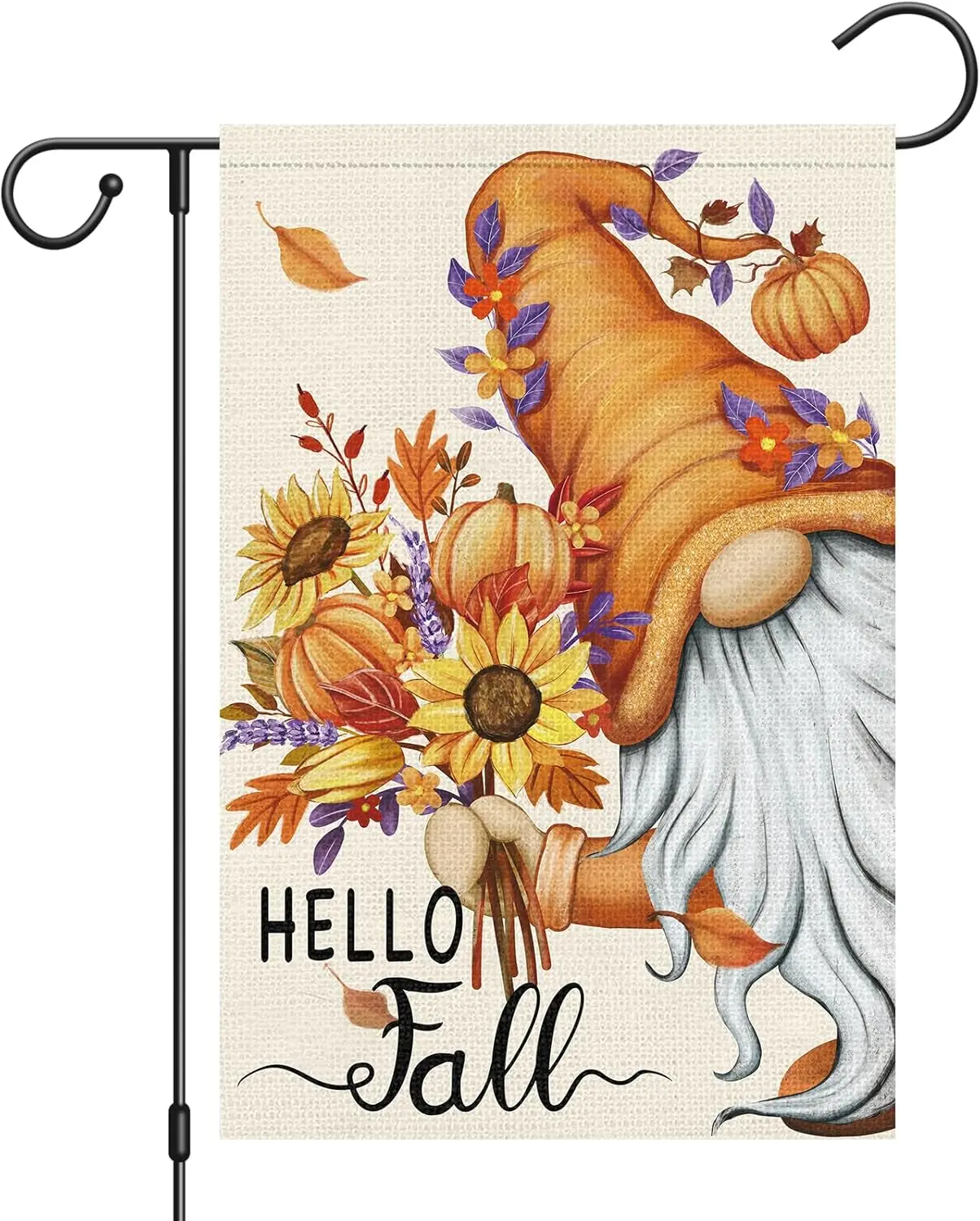 Hello Fall Gnome Garden Flag 12x18 Double Sided Burlap, Pumpkin Sunflower Garden Yard Flags for Thanksgiving Rustic Seasonal GGX