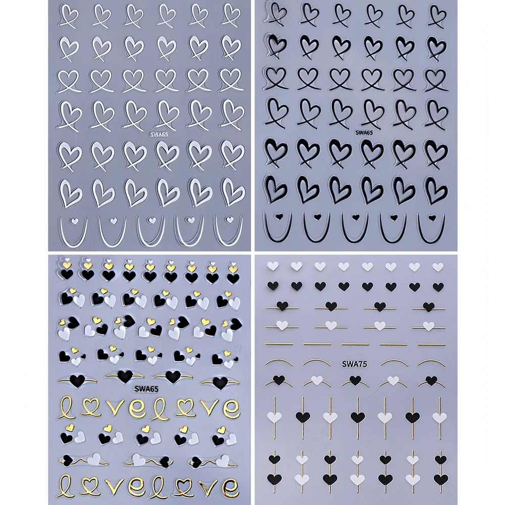 4 pezzi di adesivi per nail art di San Valentino, decalcomanie autoadesive a forma di cuore, decorazioni per unghie a tema amore con glitter in oro bianco nero