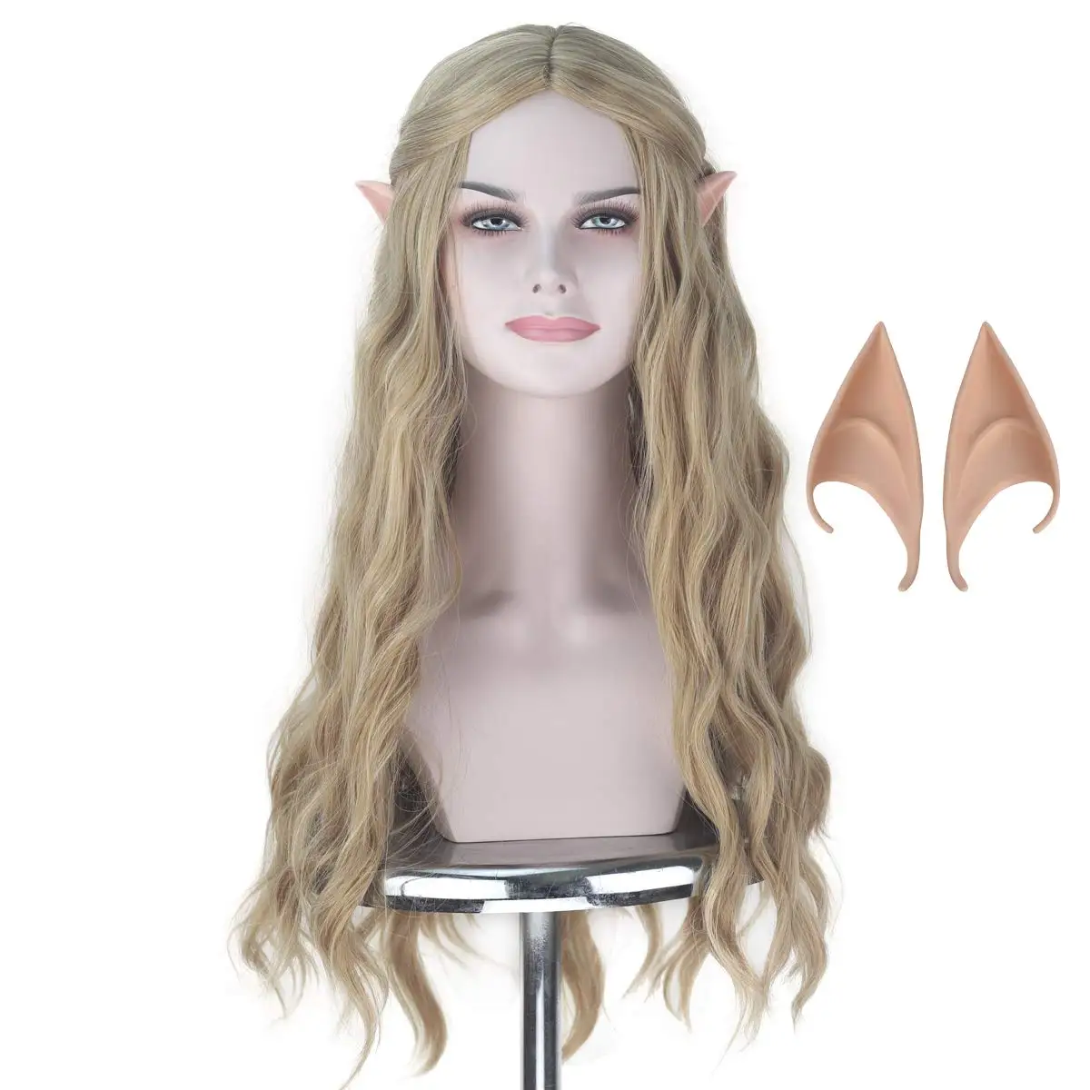 Elf pointy ears+70cm The Hobbit Galadriel wig women role play long blonde wavy hair Elf queen Cate Blanchett fancy wig + wig cap