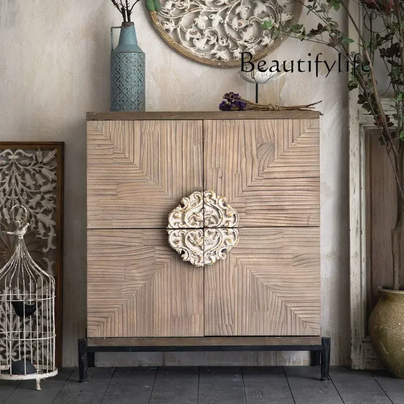 

American solid wood vertical cabinet, retro home dining side cabinet integrated, carved wrought iron storage against the wall