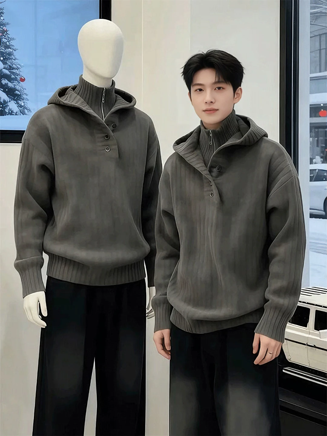 

Мужская зимняя утепленная толстовка с капюшоном на молнии, двойным воротником, из трикотажа, мягкая, свободного кроя, молодежная, модная