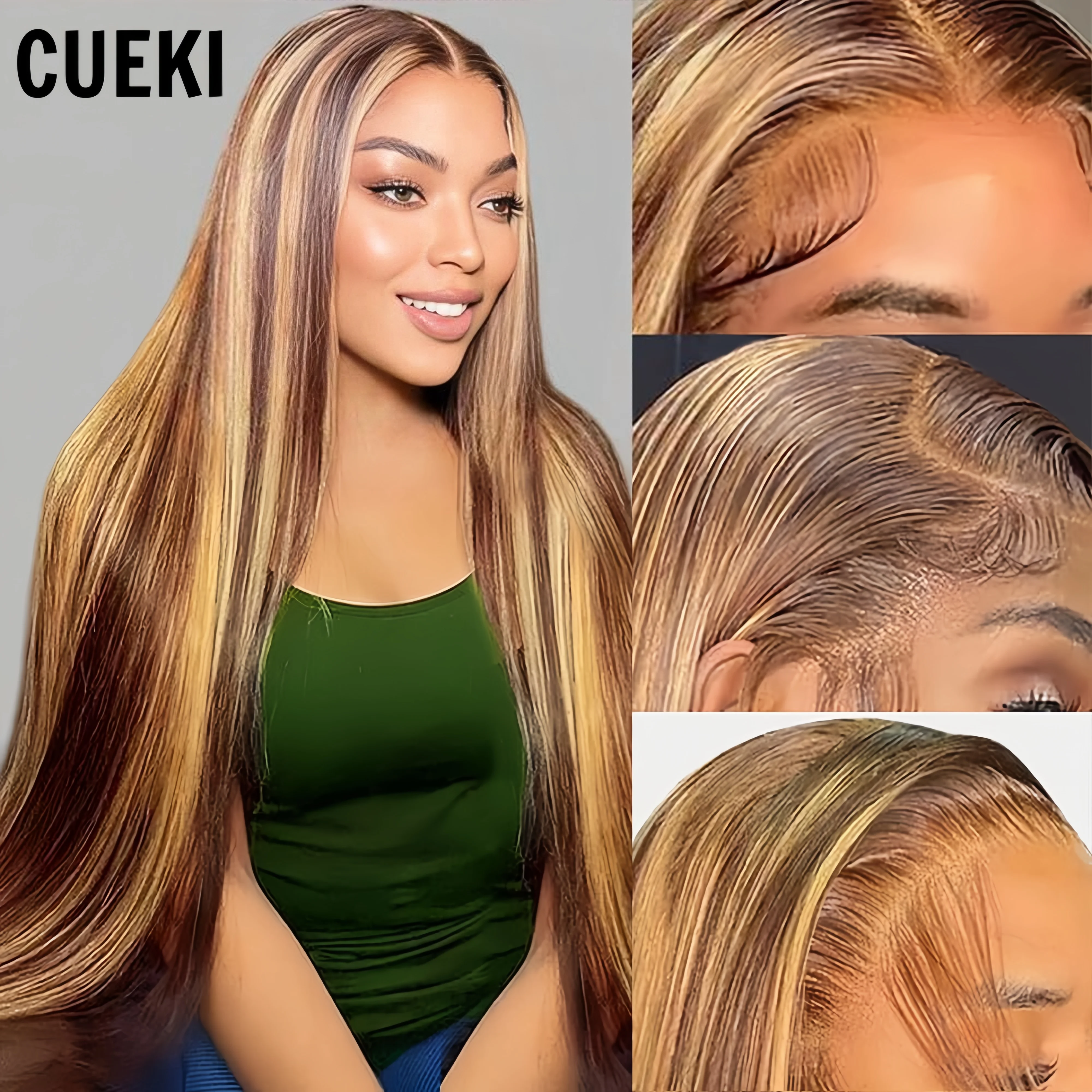 CUEKI Straight Honey Blonde Wig Premium Fiber Wig Synthetic 28 inch P4/27 Highlight Lace Front Wig Density 200%, 13x4 Pre-plucked HD Lace Frontal Wigs For Black Women