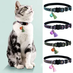 Cat Collar Adjustable Polyester Jacquard Pattern Pet Collar with Bell and Tassel Decoration for Cats and Small Dogs To Keep Lost