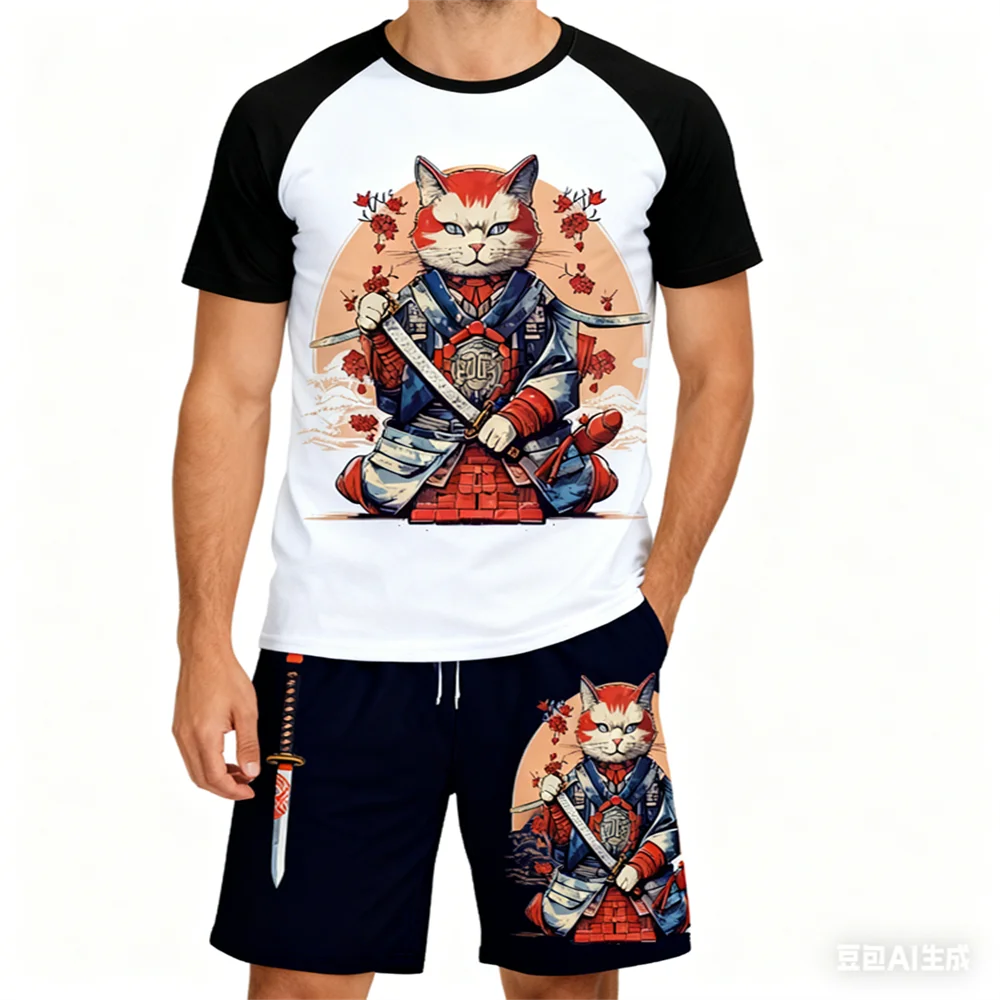 

Japanese Harajuku Samurai Sword Cat Print Men's Short Sleeve Set Casual Fashion Summer Oversized Breathable Men Two-piece Suit