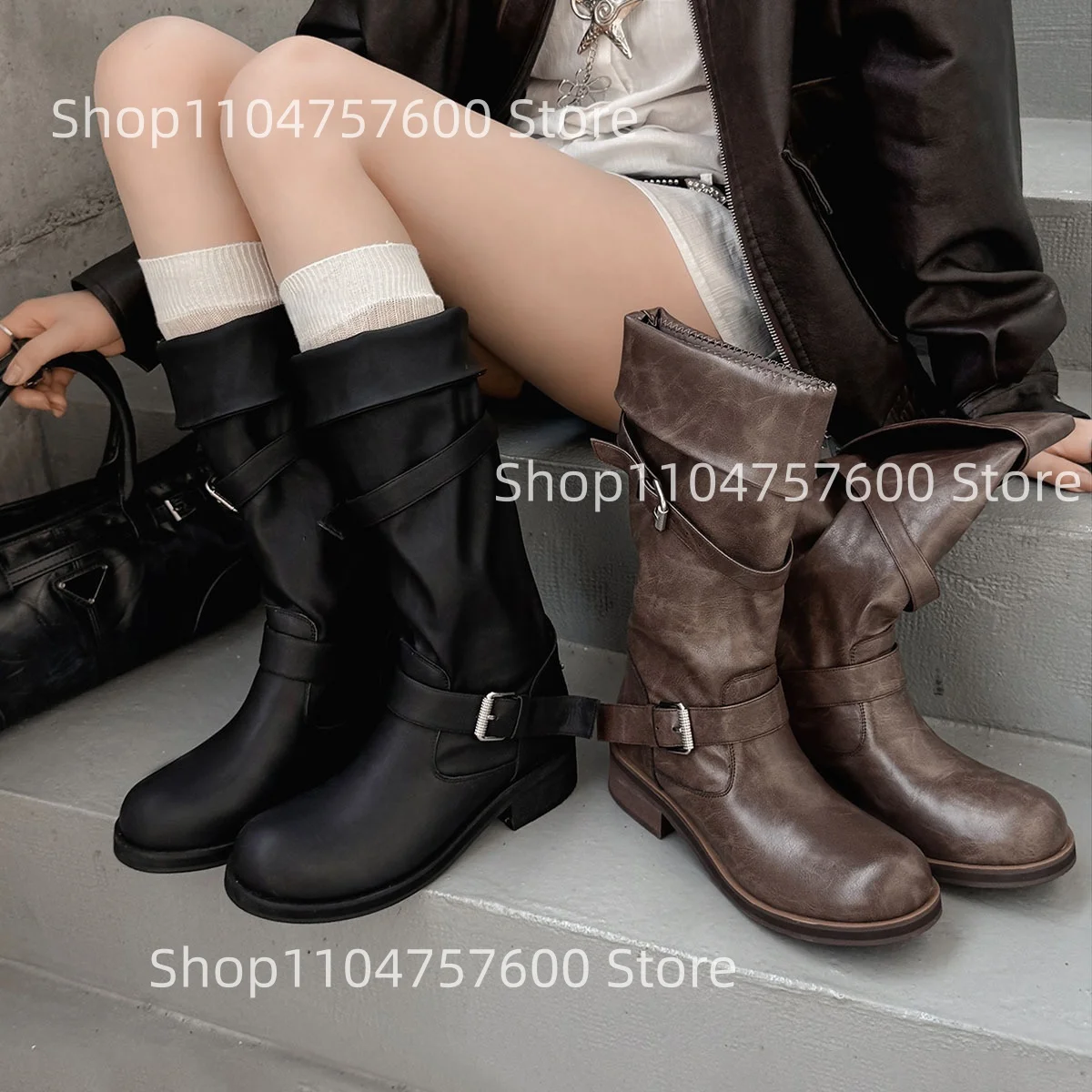 Botas de motociclista hasta la rodilla de cuero negro para mujer, Botas largas con doble hebilla y detalle de tiras, diseño de tacón grueso, Botas largas de calle Retro para otoño