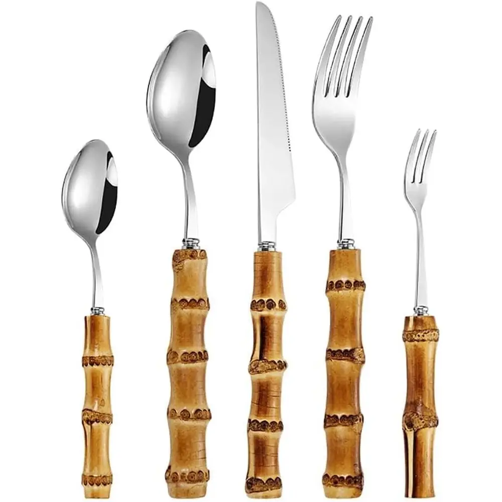 

60-Piece Bamboo-Handled Silverware Set - Premium 18/8 Stainless Steel Cutlery, Dishwasher Safe - Ideal for Natural Bamboo Themed