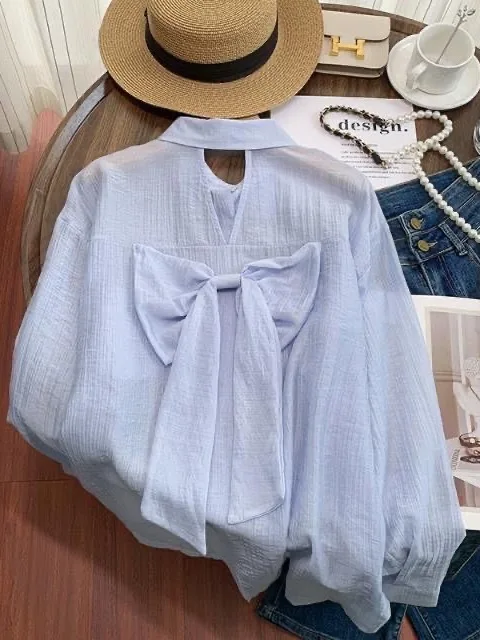 

Blue Knot Hollow out Long Sleeve Sun Protection Shirt Jacket Summer Thin Air Conditioning Outerwear Loose Slimming Top