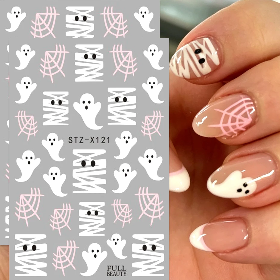 2pcs 3D Cartoon Cute Ghost Nail Art Sticker Spooky Bandage Pink Spider Web Design Decals Halloween Nail Decoration DIY Manicure