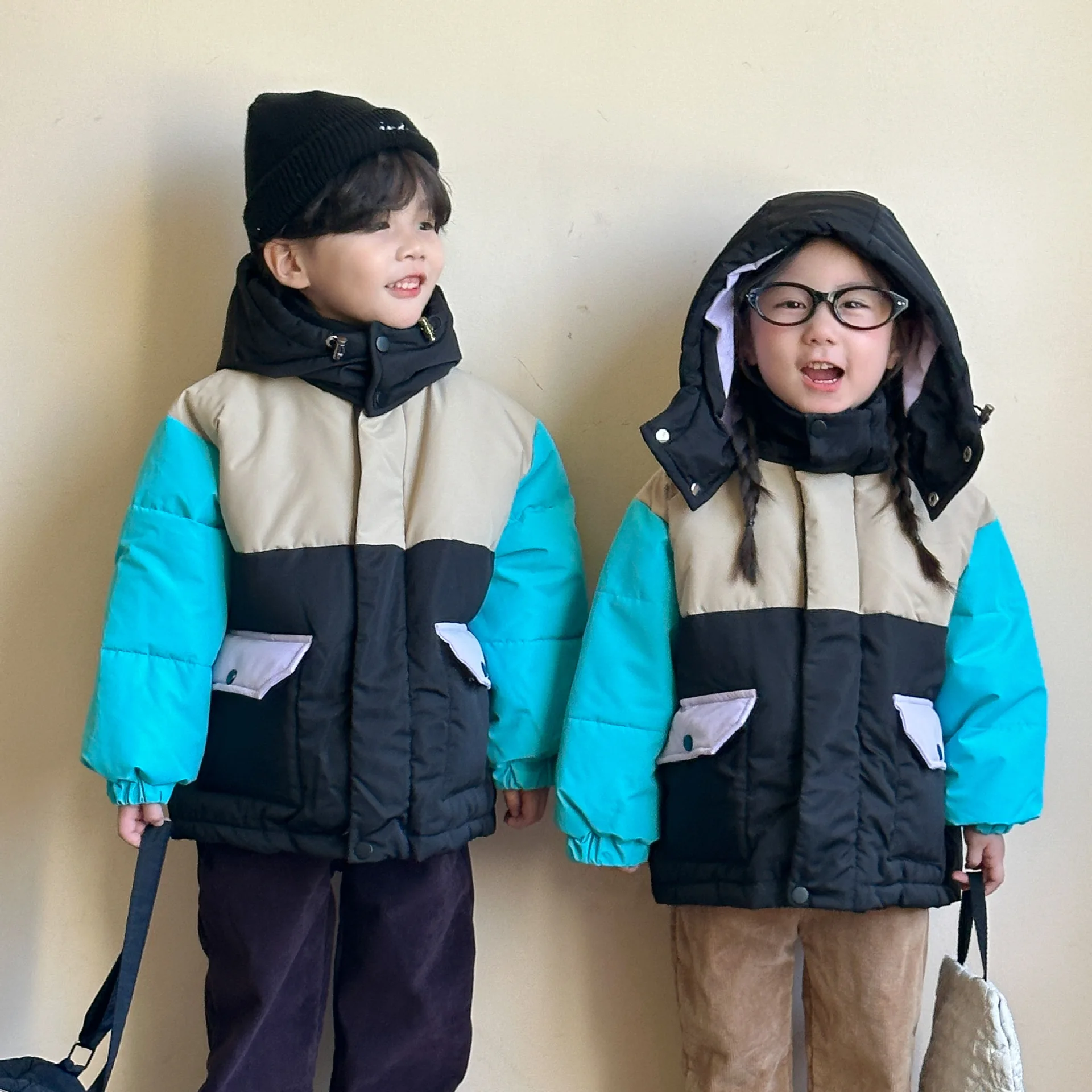 Winter Children Boys Thick Hooded Down Cotton Jacket Baby Girls Color Contrast Cotton Padded Coat Parks Kids Outerwear