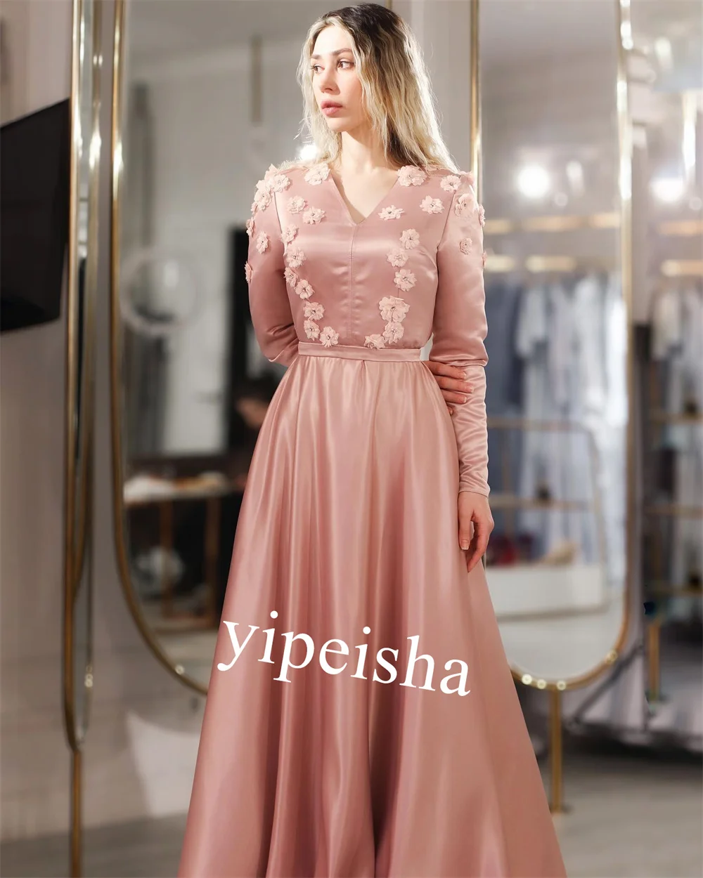 Satin Pleat Applique Valentine's Day A-line V-Neck Bespoke Occasion Gown Long Dresses