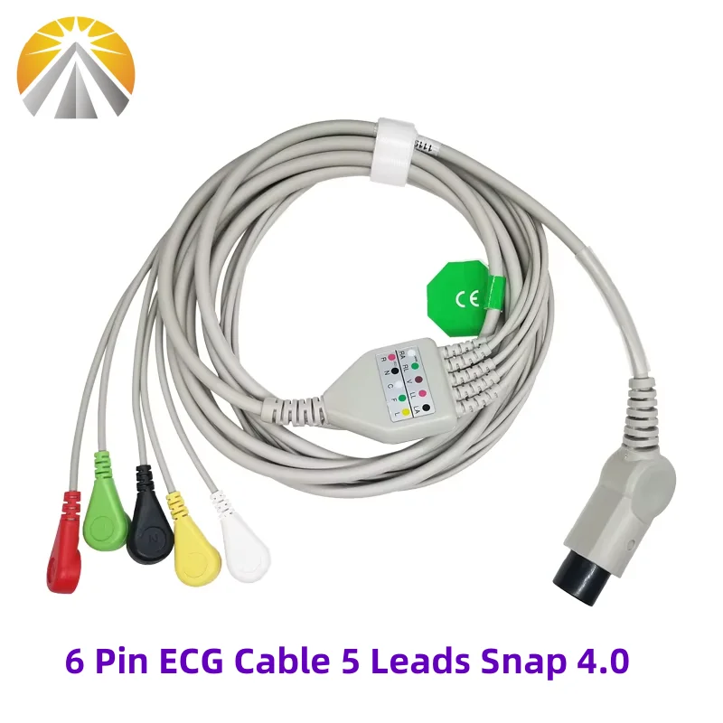 

ECG Cable 6 Pin Snap 4.0 IEC for Multi Brands Patient Monitors Mindray PM Series Edan Biolight Goldway One Piece 5 Lead Wires