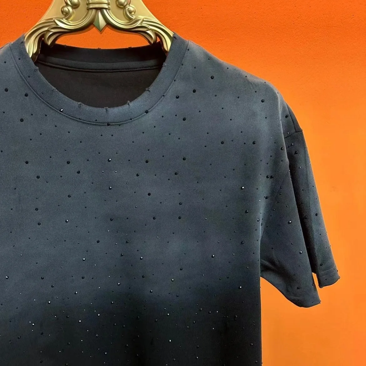 2025 New Gypsy Heavy Industry Hot Diamond Washed Crew Neck Short Sleeve T-Shirt Men's Summer Loose Versatile Casual Quality Top