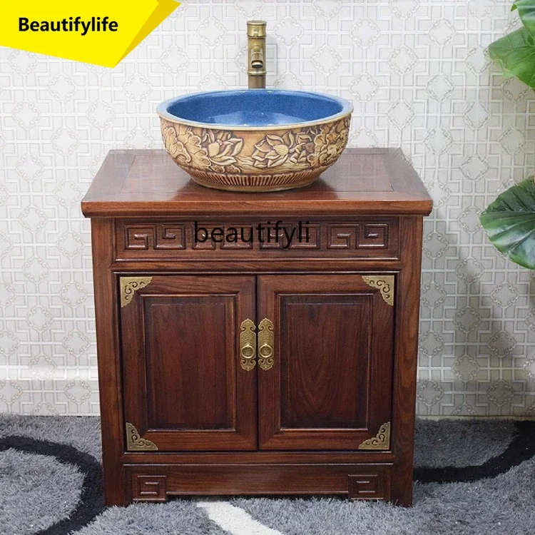 

K185 New Chinese Style Solid Wood Bathroom Cabinet Antique Floor-standing Washbasin Basin Cabinet Washstand