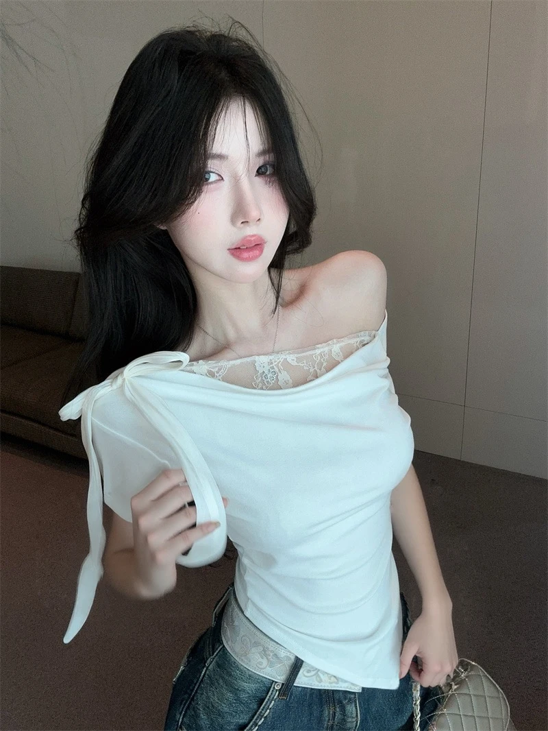 

Fashionable Asymmetrical One-Shoulder T-Shirt Women's Korean Style Knot Tie Dye Slim Fit Summer Short Sleeve Top