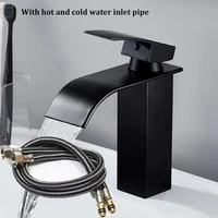 Lavabo de cascada, grifo de acero inoxidable negro con tubo de entrada de agua fría y caliente, lavabo para baño y hogar