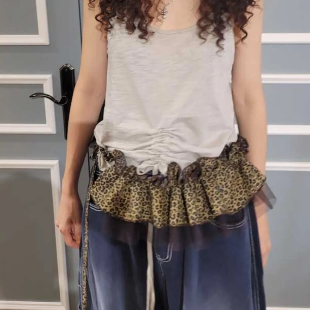 Hip-Hopเสือดาวพิมพ์สะโพกผ้าพันคอกระโปรงเสื้อExtenderตาข่ายRuffled Edgeเข็มขัดหวานY2Kชั้นชุดเข็มขัดกางเกงยีนส์Decor