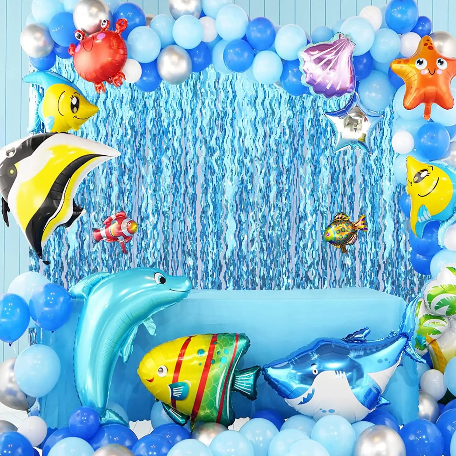 1x2m Hellblauer Wellenförmiger Lametta-Folien-Fransenvorhang, Fotorequisiten für Meerjungfrauen-Geburtstag, Unterwasser-Party-Dekorationen – Detail 1