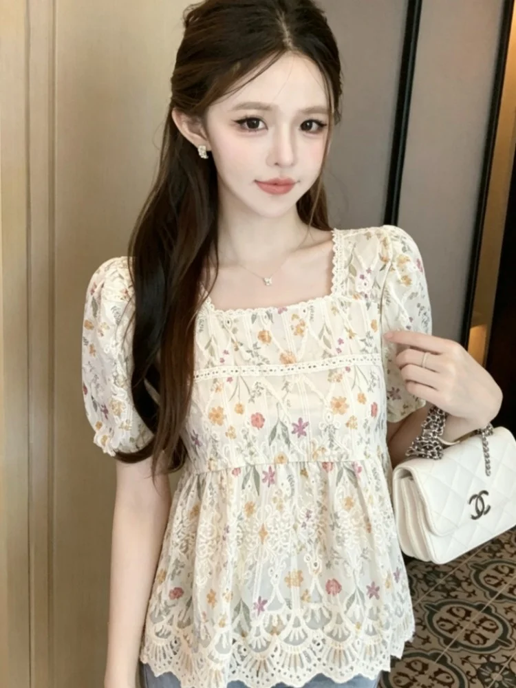 

Summer Floral Embroidery Hollow out Hook Short Sleeve Square Collar Bubble Hem Top Women's Korean Style Breathable Shirt