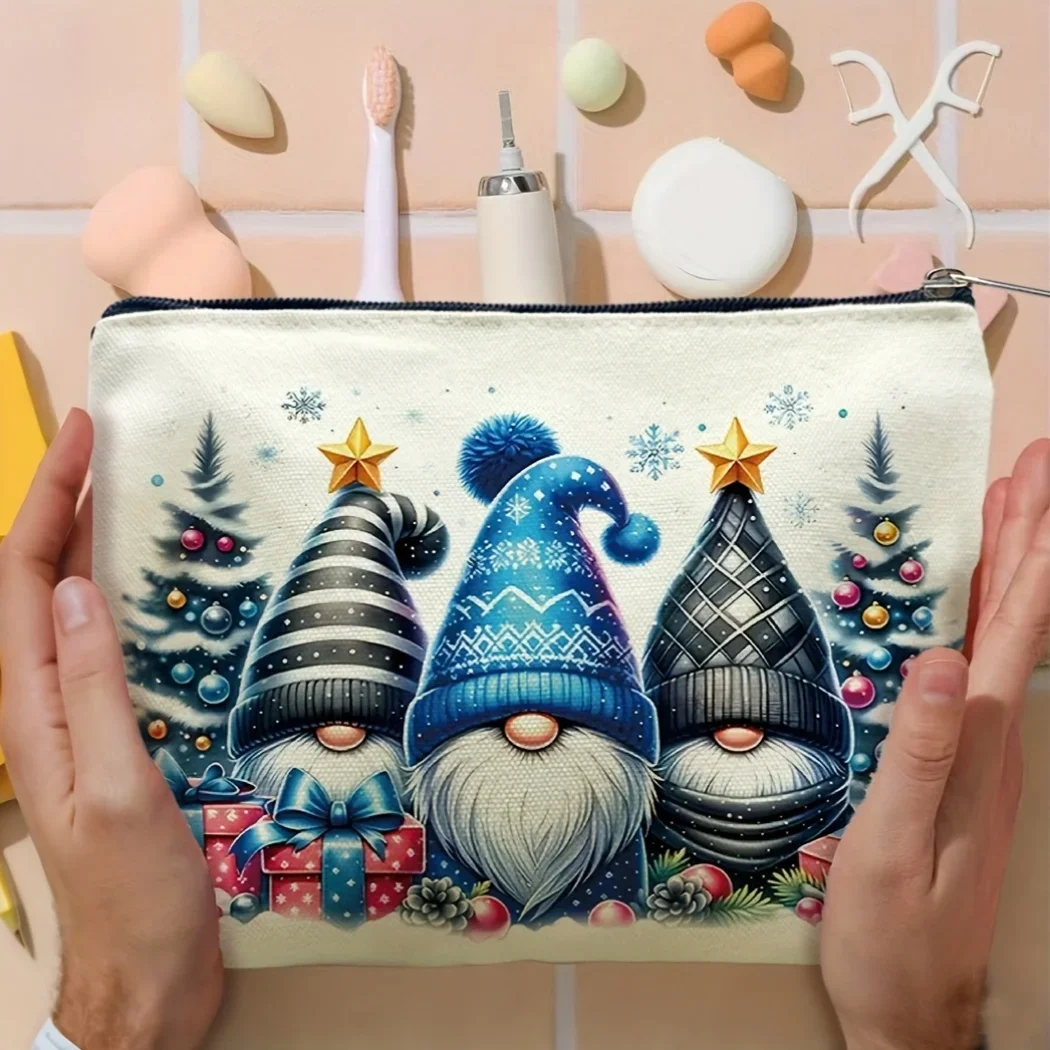Christmas Dwarf Gnome Print Cosmetic Bag Winter Holiday Zipper Pouch Travel Makeup Organizer Women Xmas Gift