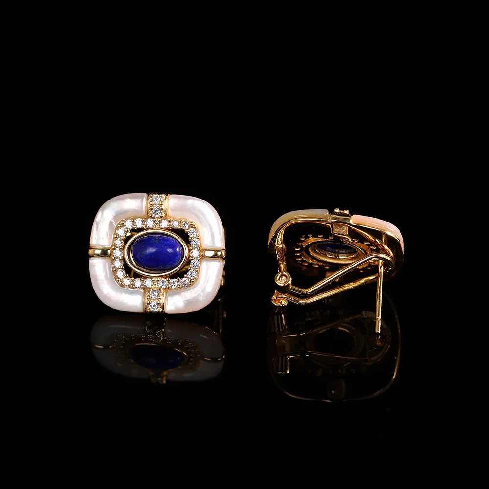 

S925 Gold-Plated Earrings, Shell & Lapis Lazuli Dangle Earrings for Women, Hypoallergenic Jewelry Gift