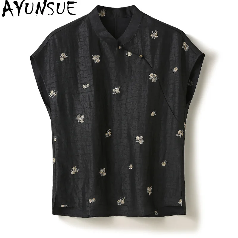 

AYUNSUE Xiangyunsha Шелковые женские футболки, новые черные топы в китайском стиле с вышивкой, летняя одежда для женщин, элегантная футболка