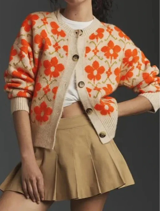 Otoño Invierno nuevo cárdigan, chaqueta suéter Jacquard Floral para mujer, elegante manga larga abotonada, ajuste suelto versátil