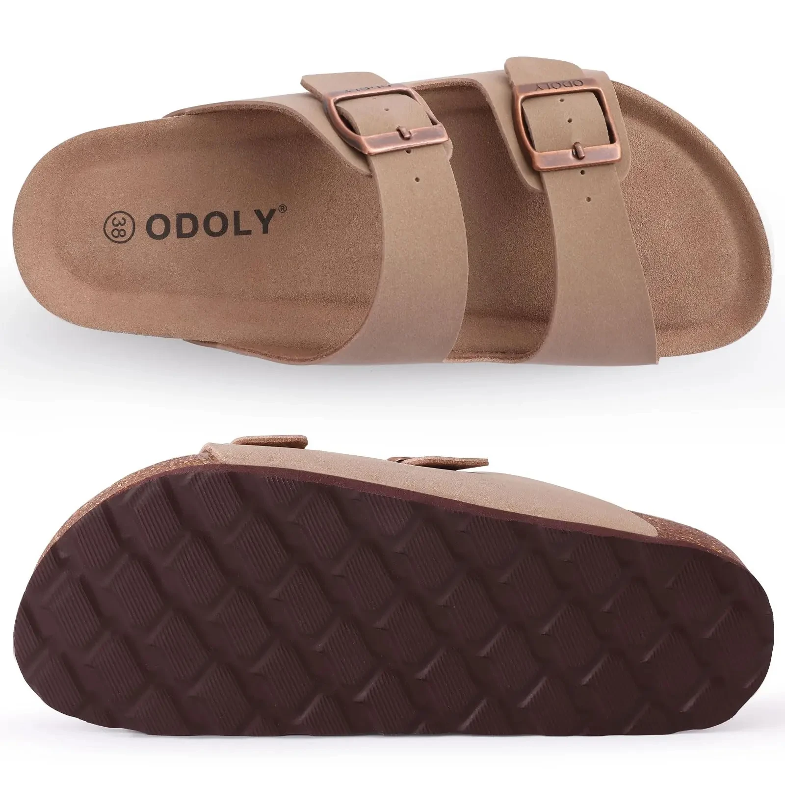 Women's Fashionable Double Buckle Flat Mules, Suede & Cork Sole, Beach Sandals_voghion.com