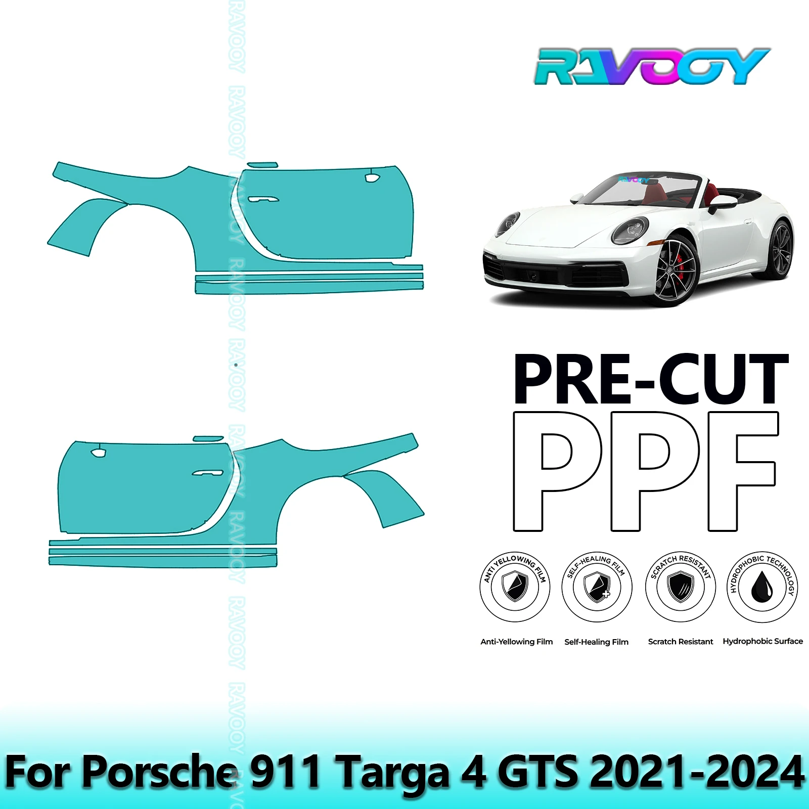 

For Porsche 911 Targa 4 GTS 2021-2024 8.5mil Clear Matte Pre-Cut PPF Door & A/B Pillar Kit TPU Paint Protection Film Set