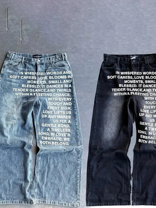 

Faionable Casual Wideleg Jeans Vintage Pattern Lettering Loose Fit Straight Leg Pants Urban Sle Wear Resistant All Seasons