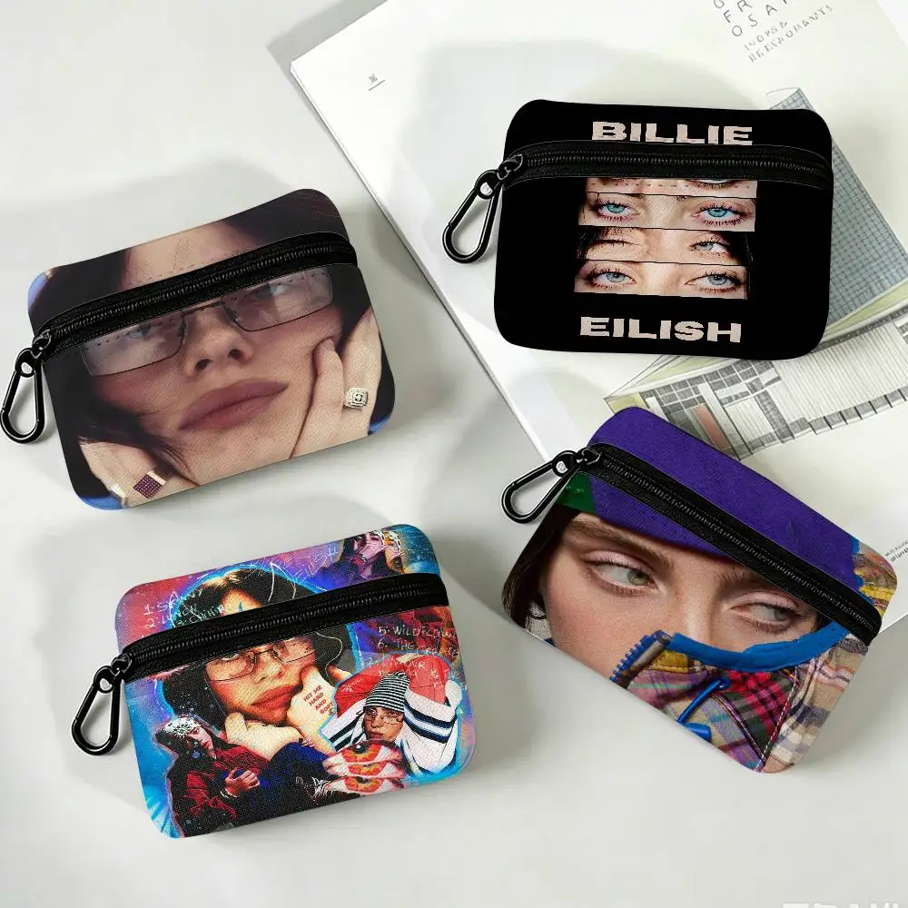 Hot Singer B-Billie E-Eilish Compact Oxford Cloth Coin Purse Detachable Carabiner Hook Portable Key Card Organizer Pouch