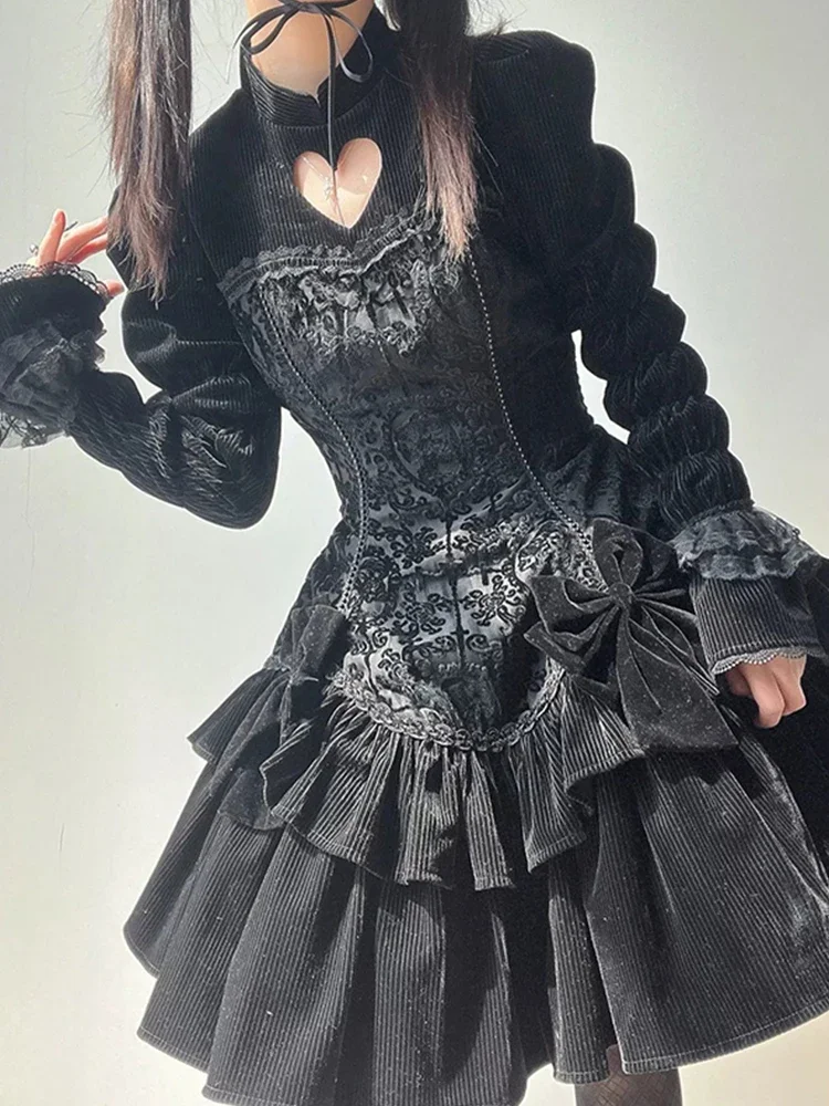 Dark Gothic Lolita Flocking Dress OP Lolita Hollow Out Sweet Cool Bunny Halloween Princess Dress