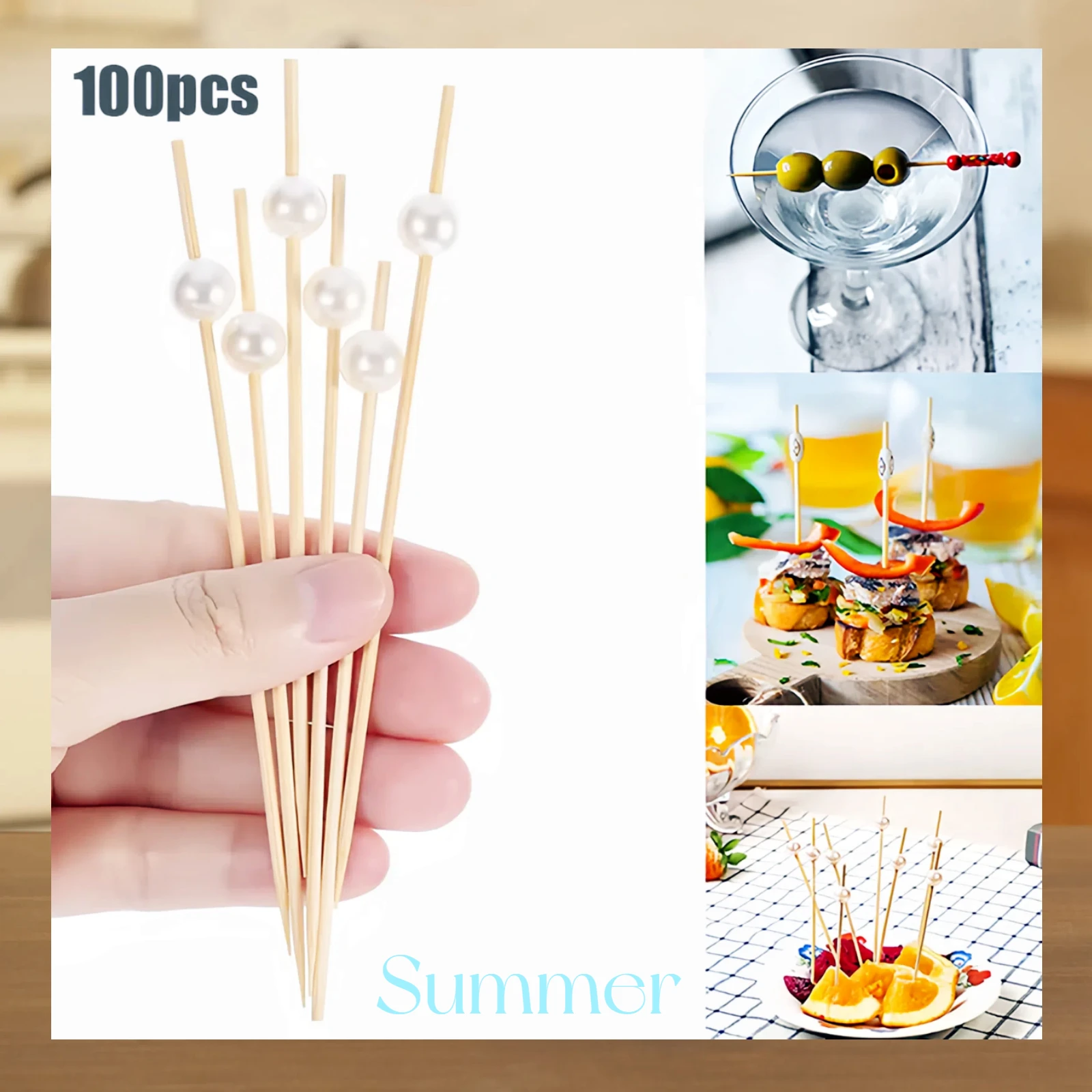 

100pcs 12cm White Pearl Bamboo Food Fruit Picks Party Disposable Cake Dessert Cocktail Sticks Cupcake Toothpick String