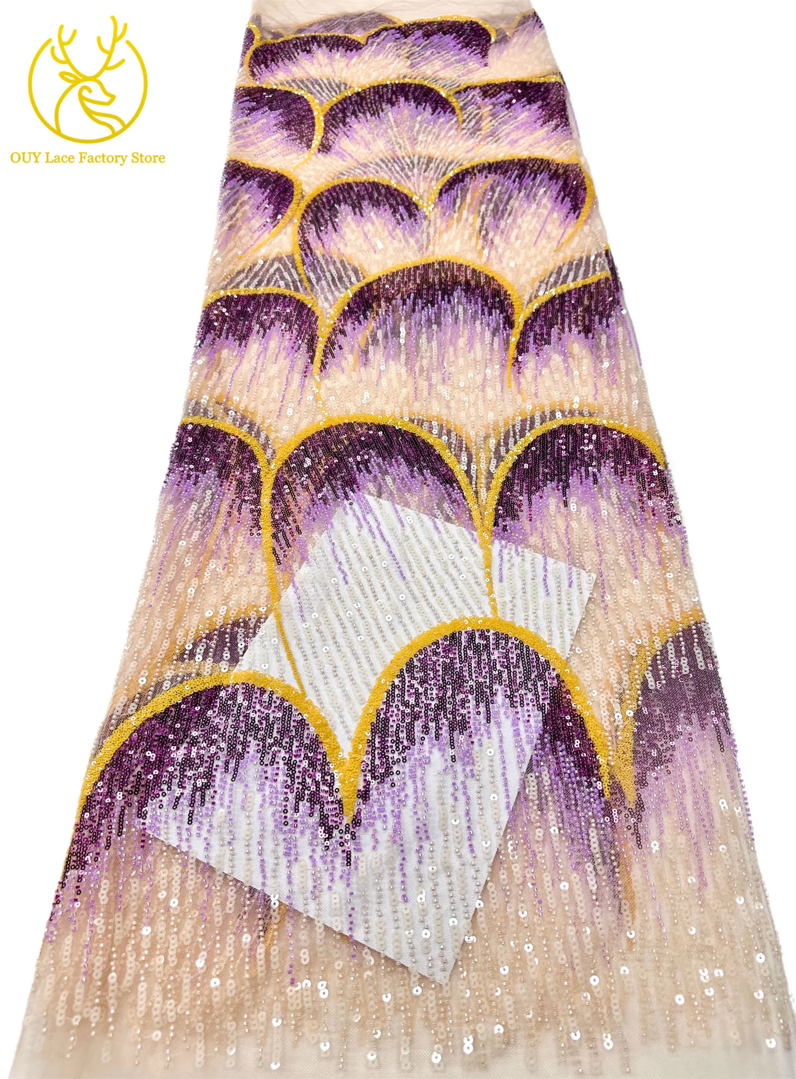 5 Yards afrikanischer Perlen-Pailletten-Spitzenstoff, hochwertiger, exquisiter nigerianischer Tüll-Mesh-Spitzenstoff zum Nähen von Hochzeitskleidern – Detail 14