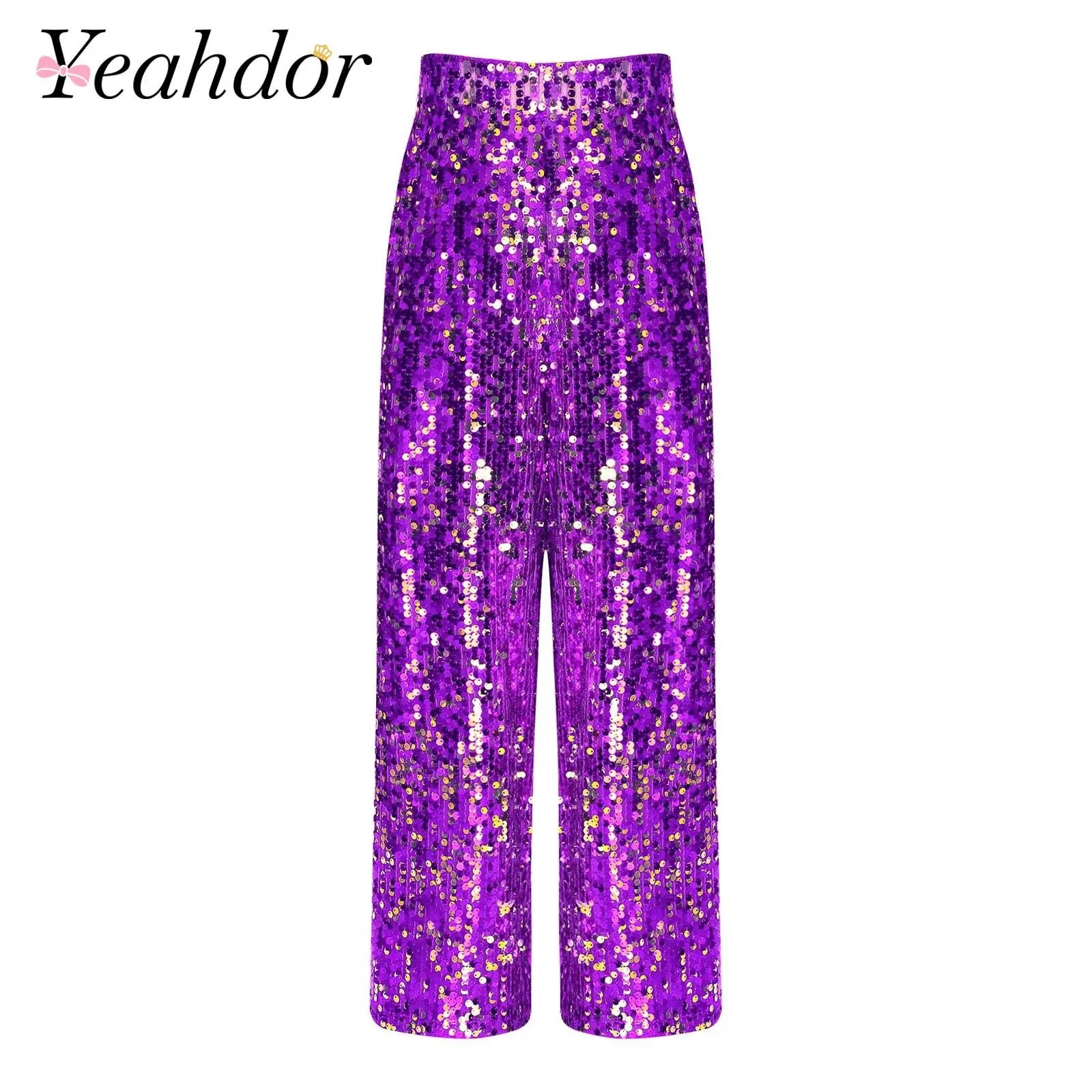 Kids Fashion Girls Sequin Pants Shiny Long Pants Elastic Waistband Fully Lining Loose Trouser Dance Stage Performance Costumes