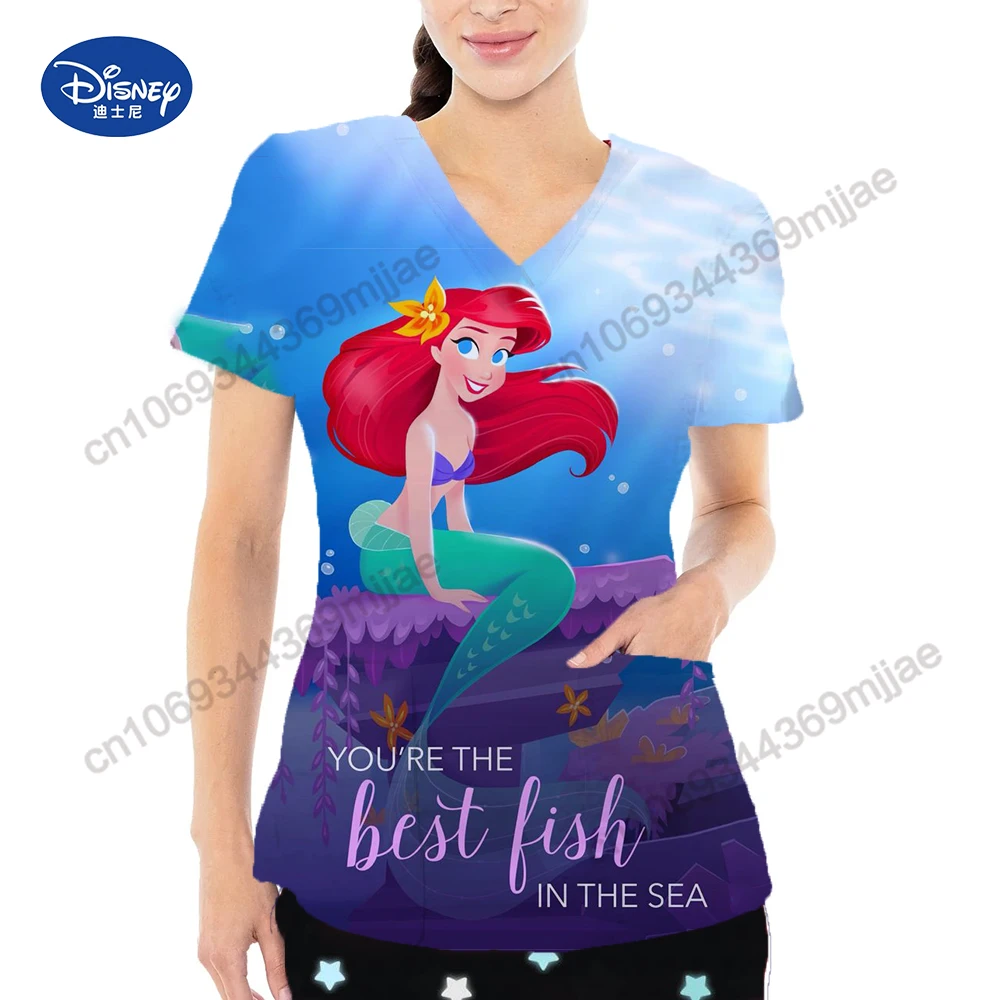 Uniforme d'infirmière à col en V pour femmes, t-shirt Disney, chemisier à la mode coréenne, t-shirt à poches pour femmes, Yk2, 2023