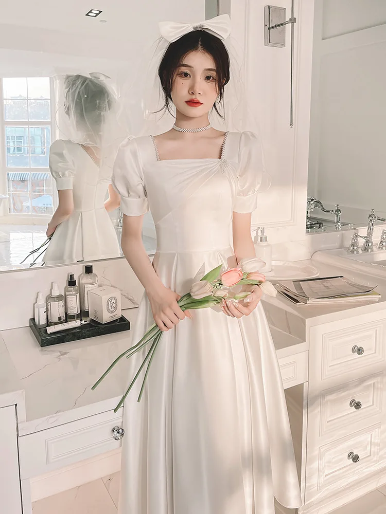 New ivory midcalf 110cm lady girl fairy wedding bridal dress party evening prom performance dress hotsale korea