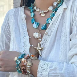 Personality Starfish Seahorses Pendant Necklace for Women Trendy Shell Beaded Chain Necklace Ocean Series Vacation Beach Jewelry